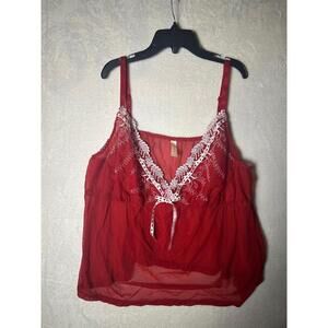 Cacique Red Sheer Fabric White Lace Trim Bow Detail Lingerie Camisole Size 26/28